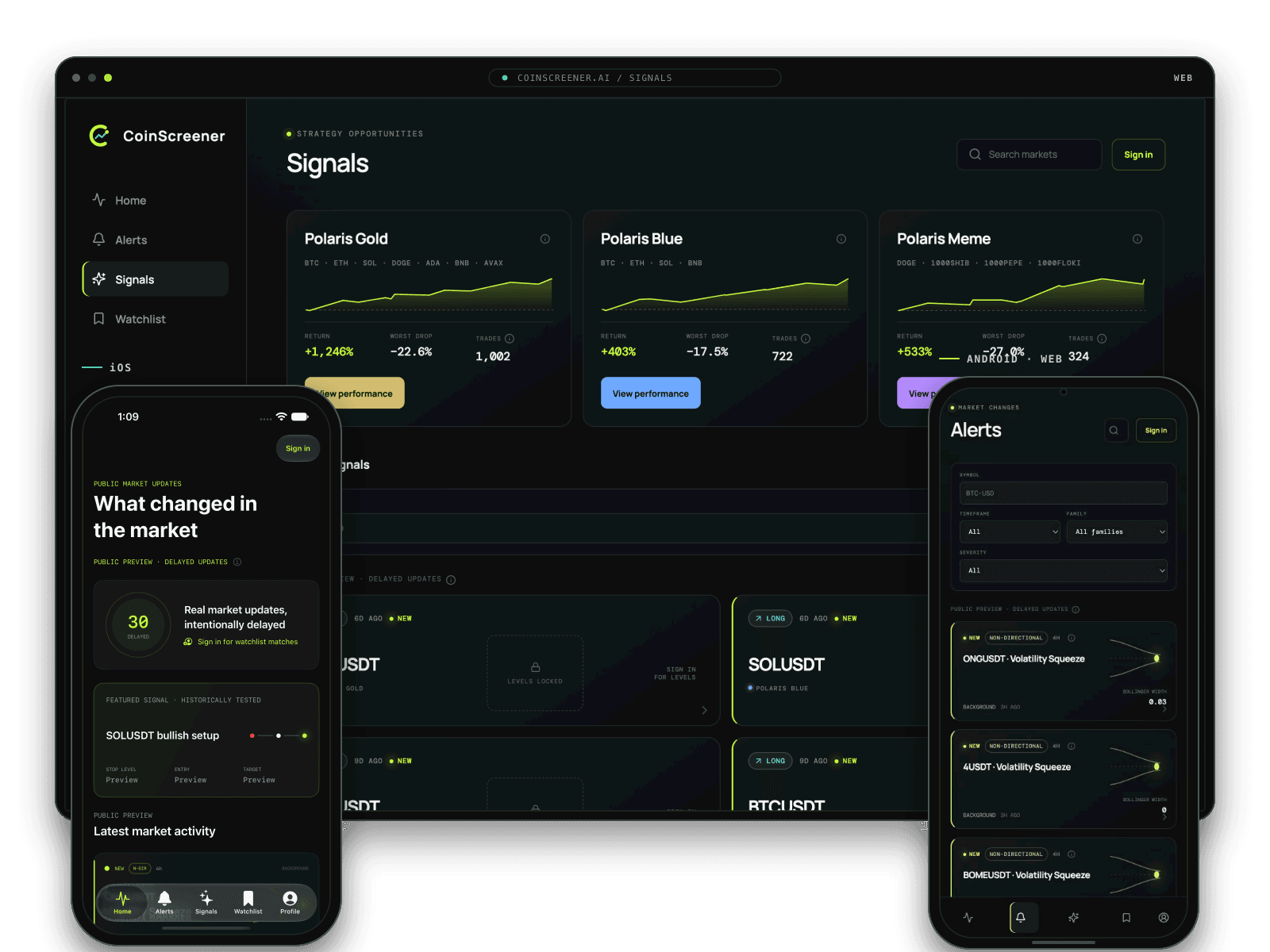 CoinScreener V3 shown on web, native iOS, and Android web with Signals, market activity, and Alerts